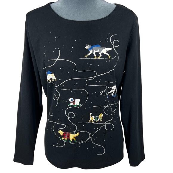 Ice Skating Dogs T-Shirt Sz Large Black Silver L/S Whimsigoth Holiday Novelty - Picture 1 of 12